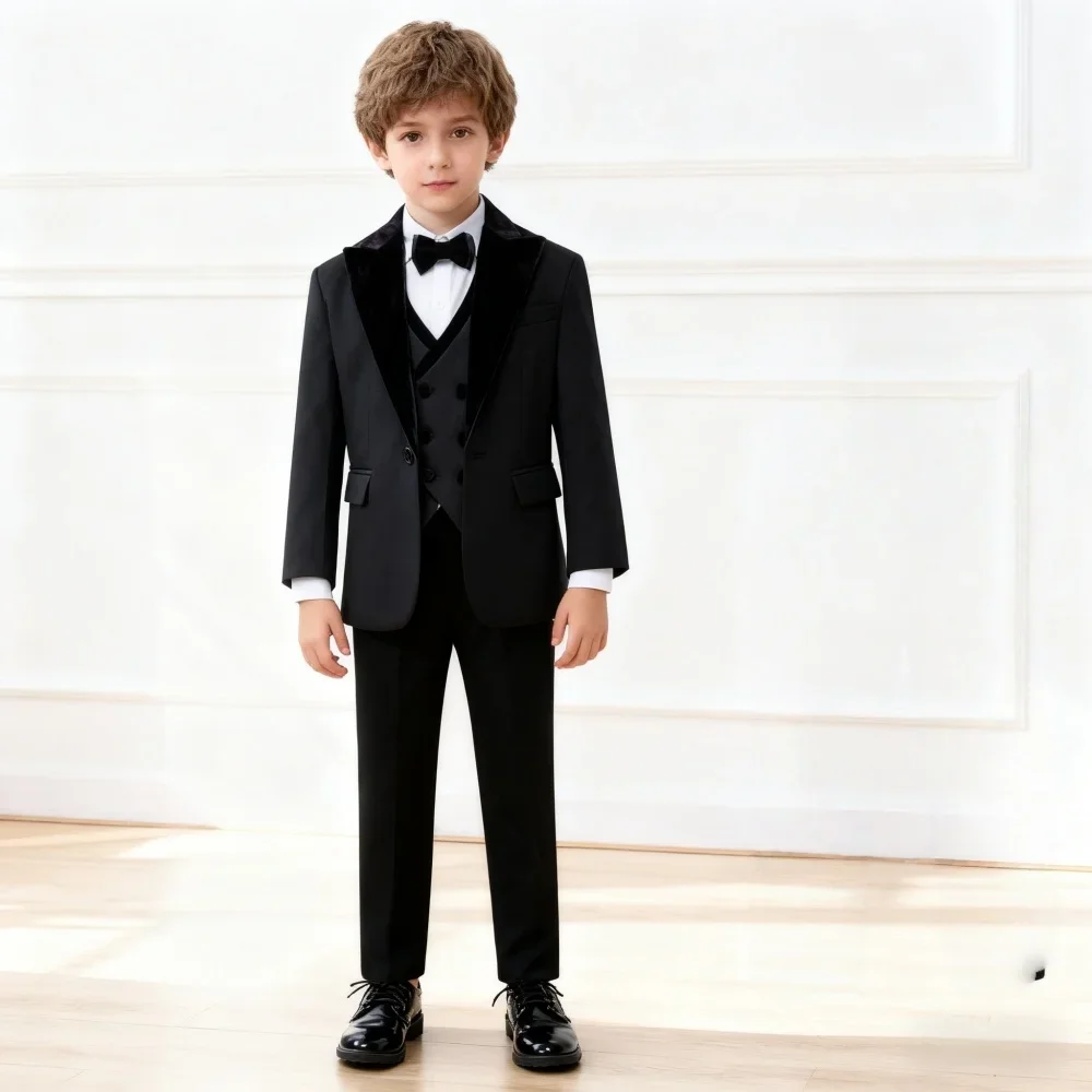 Ensemble de smoking élégant 4 pièces noir pour garçon : blazer, gilet, pantalon – Tenue de cérémonie