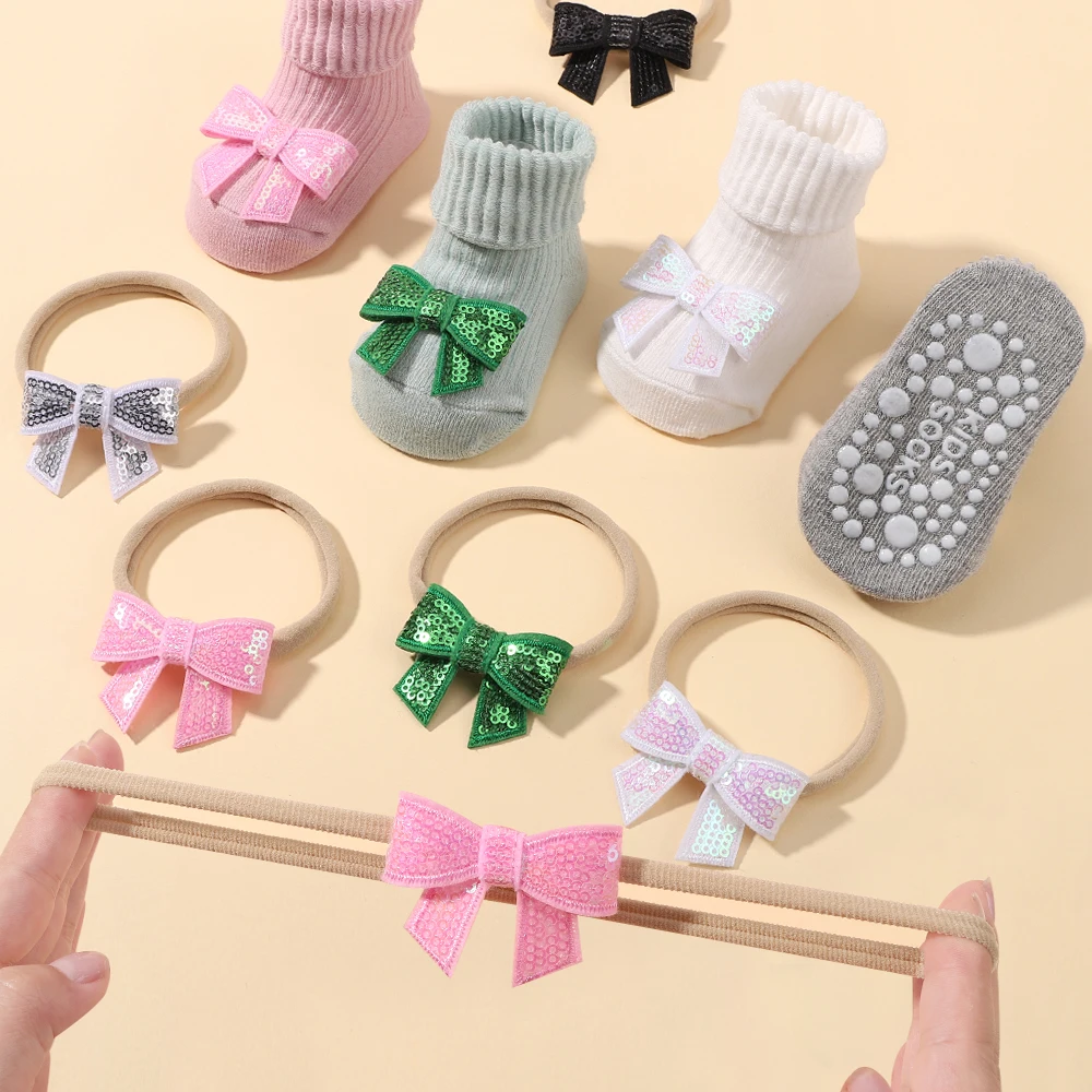 Cute Cartoon Baby Socks Hair Band Set Infant Toddler Non Slip Breathable Short Socks Newborn Sequin Bows Headband Sets Gift