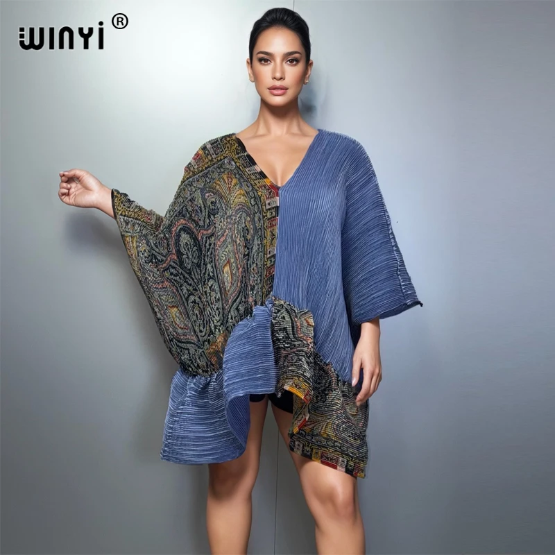 

WINYI Women's Summer Boho Beach Cover up Maxi Kaftan Dress Elastic Pleated Loose Dubai Luxury Party Muslim Abaya Style
