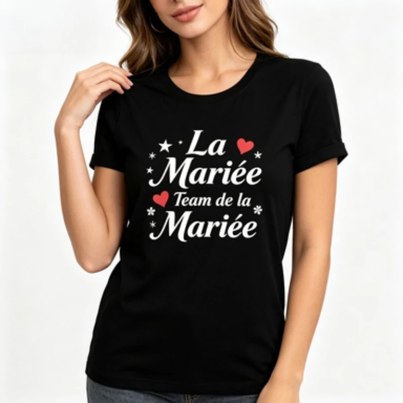 Women Round‑neck Cotton T‑Shirt French Bride Team Letter Print Bachelorette Party Casual Short‑sleeve Ladies Tops