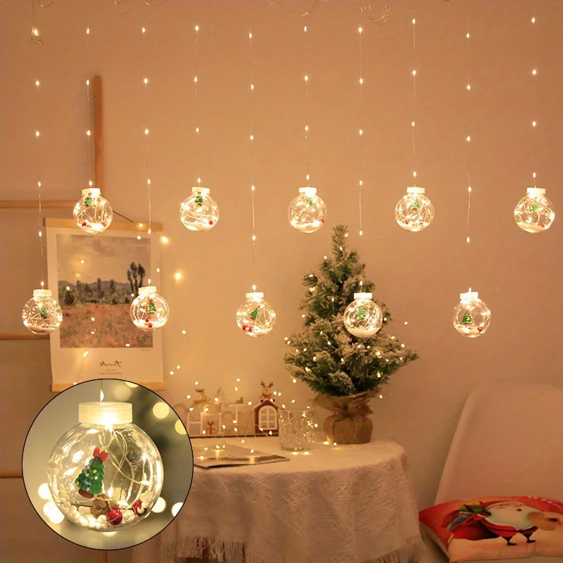 Christmas Curtain Lights Hanging Warm LED Lantern Pendant USB Powered Santa Snowman Designs Home Bedroom Decor Window Ornament