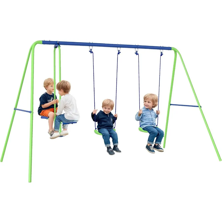 

Metal Swing Set with Glider Two Swing Seats and Adjustable Height Outdoor Heavy Duty AFrame Suitable for Playground Backyard Gr