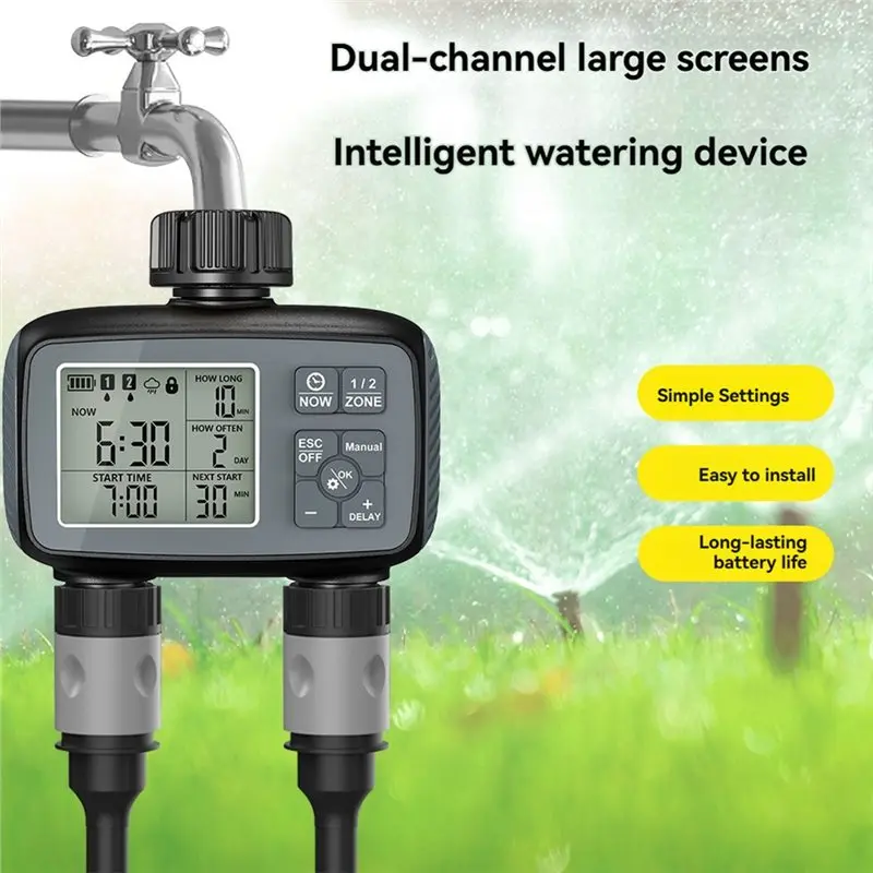 WORTHOWN-Programmable 2 Zone Sprinkleler Timer Automatic For Garden Hose Drip Irrigation Function US Watering Timer