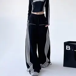 2024 Ropa Y2K Streetwear Striped Patchwork Elastic Waist Baggy New Pants For Women Wide leg Drawstring Sweatpants Lady Trousers
