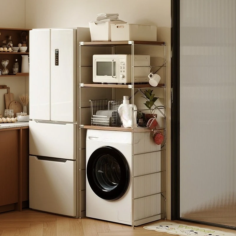 Stainless steel washing machine overhead shelf floor-to-ceiling refrigerator balcony storage rack space utilization shelf