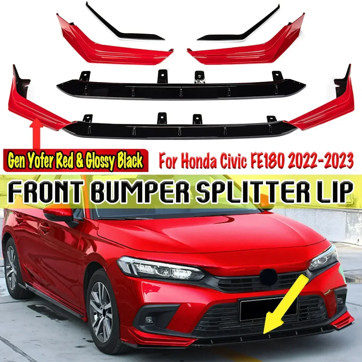 

FE180 Front Bumper Spoiler Lip Chin Bumper Splitter For Honda For Civic FE180 2022-2023 Front Bumper Guard Protection Body Kit