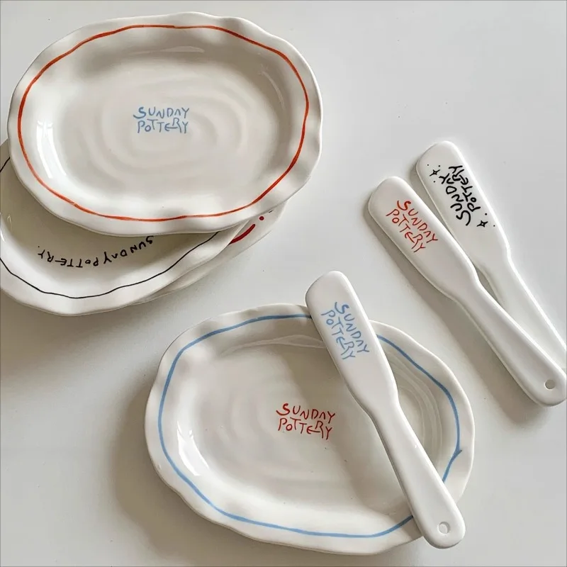 Retro Line Ceramic Oval Plate Simple Irregular Breakfast Dessert Plate with Butter Knife Cake Fruit Multifunctional Tray