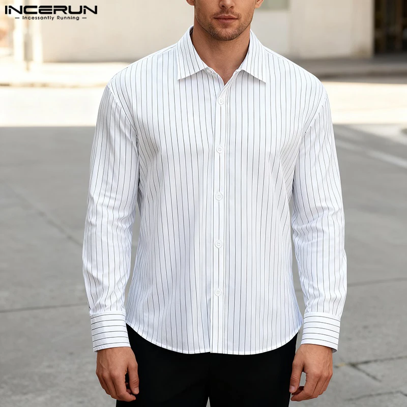 

Повседневные топы в простом стиле INCERUN, новая мужская полосатая укороченная рубашка, модная мужская популярная мужская одежда с длинными рукавами, свободная S-5XL