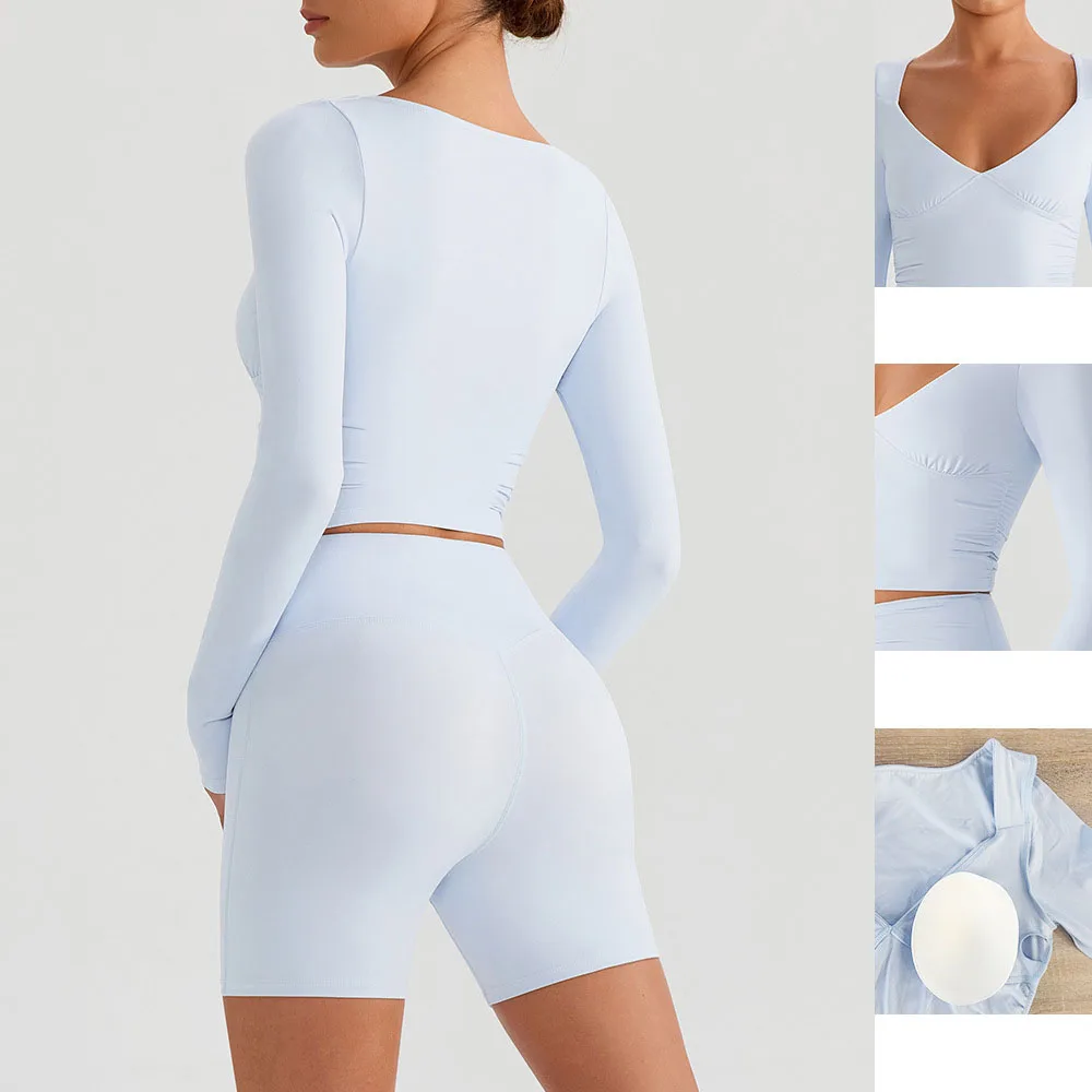 

Women's Tracksuits 2pcs Deep V-Neck Yoga Top Padded Long Sleeve Shirts Fitness High Waisted Shorts Outfits Yoga Sets Gym Wear