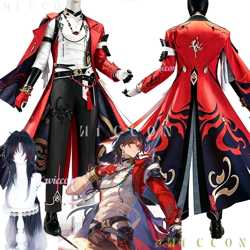大人男性用-honkai-star-rail-mortenax-ブレード-コスプレセット-–-レッドスーツ-オーバーコート-パンツ-ウィッグ、ハロウィンカーニバルロールプレイコスチューム