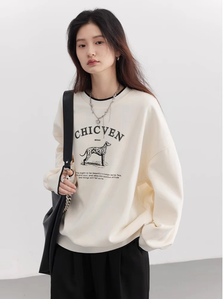 CHIC VEN Women T-Shirts Streetwear Loose Casual New O Neck Letter Print Female Tops Long Sleeved Pullover Tee Spring Autumn 2024