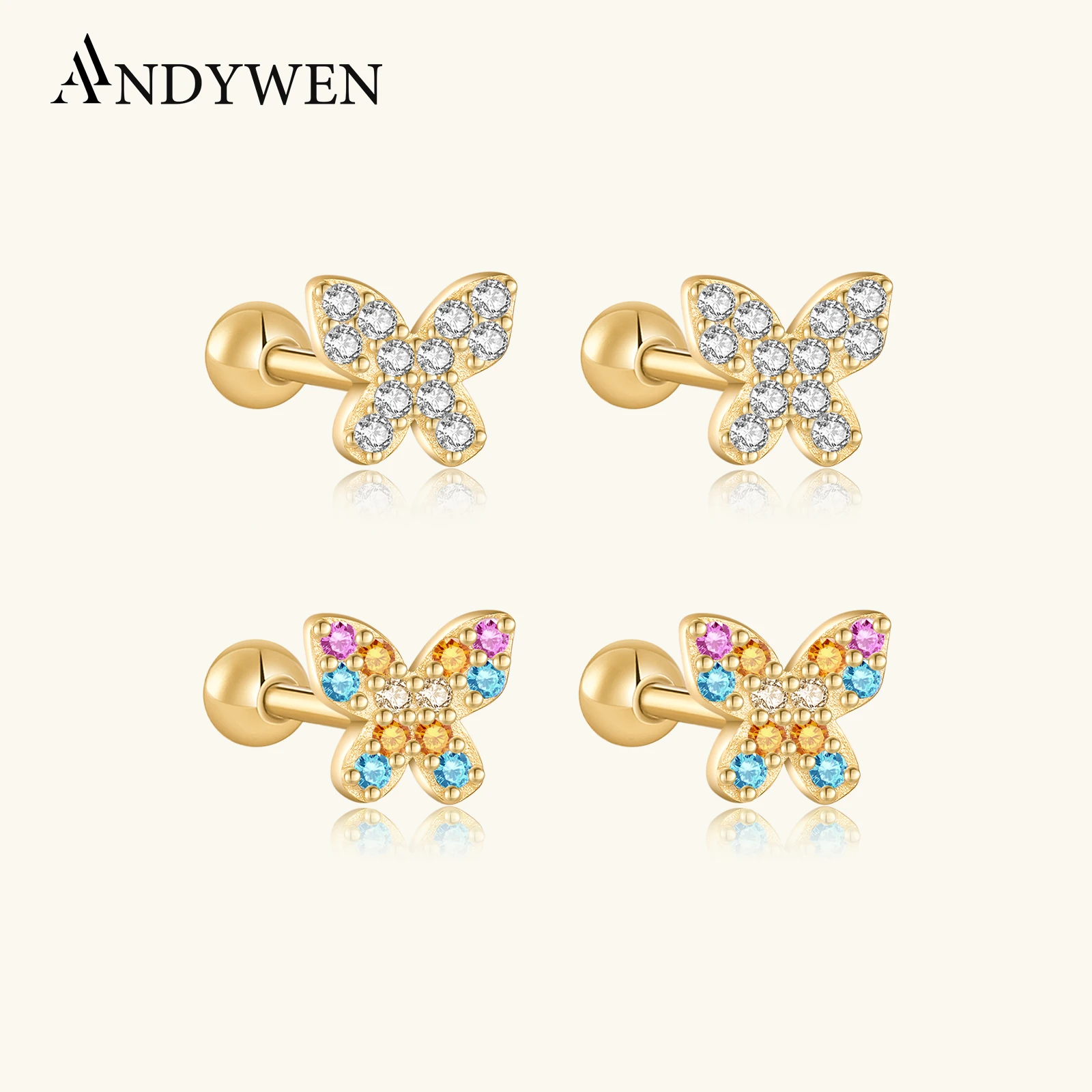 

Женские клипсы для пирсинга ANDYWEN, из серебра 925 пробы, с золотистыми радужными Фианитами, летние ювелирные украшения в стиле рок-панк, Сережка-гвоздик в форме бабочки
