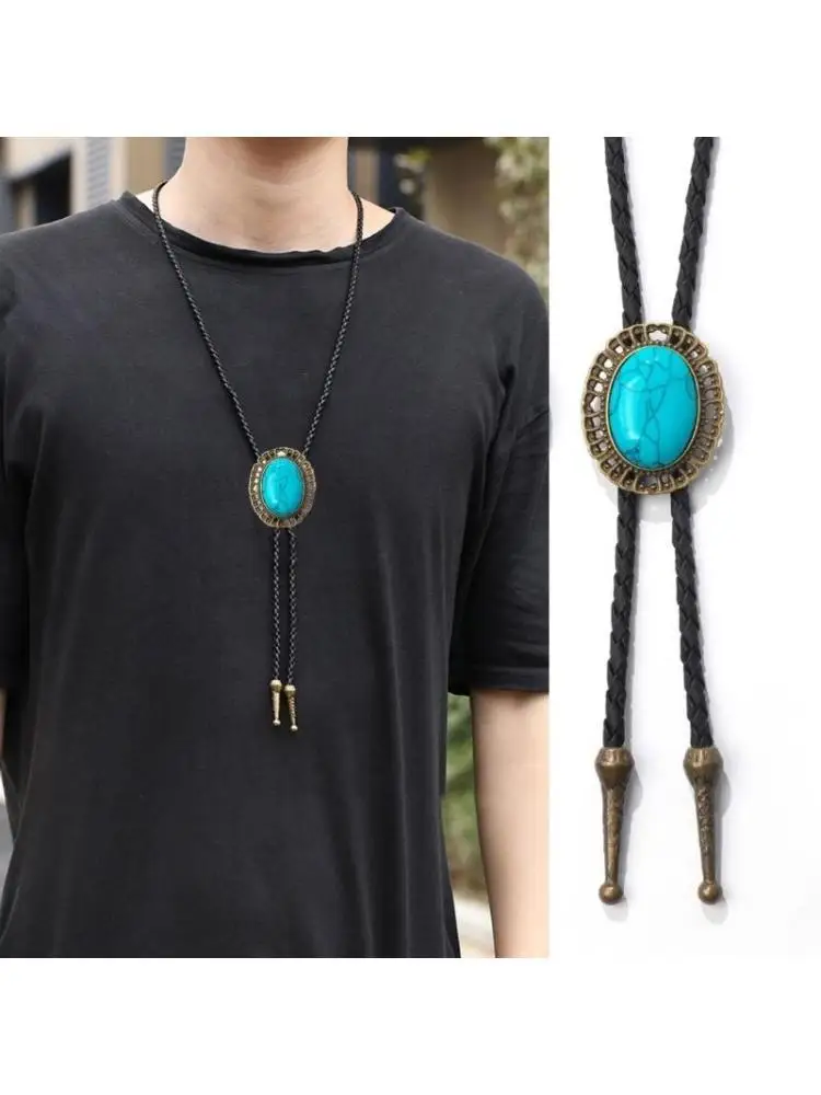 39BD Braided Shoestring Turquoise Bolo Tie with Metal Flower Formal Cowboy Necktie