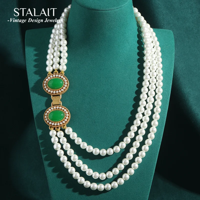

Vintage Layered Necklaces Pearl Green Natural Stone Chain Collar Choker Woman Wedding Accessories Luxury Designer Jewelry 2025