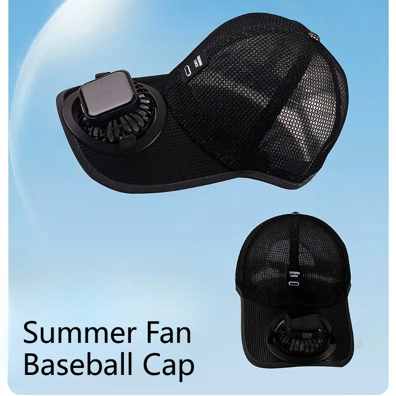 1200mAh Solar Powered Charge Fan Baseball Caps Summer Outdoor Sun Shading Breathable Mesh Type-c Charging for Man Woman Adult