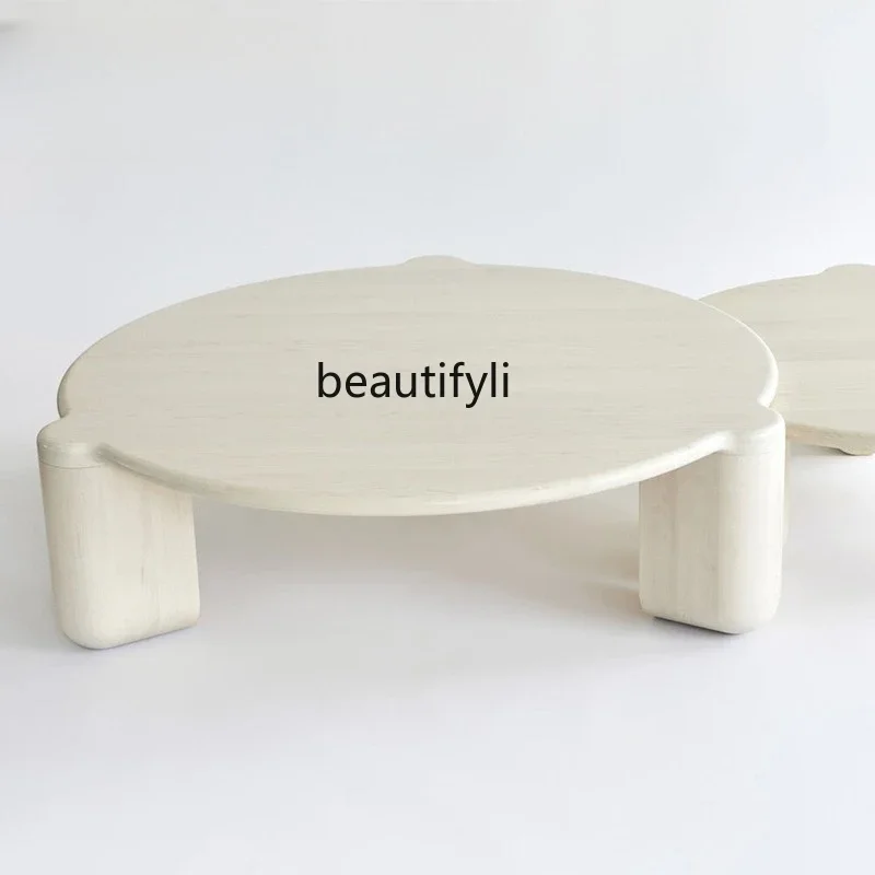 New All solid wood coffee table white simple round cloud cream wind French living room household, small coffee table