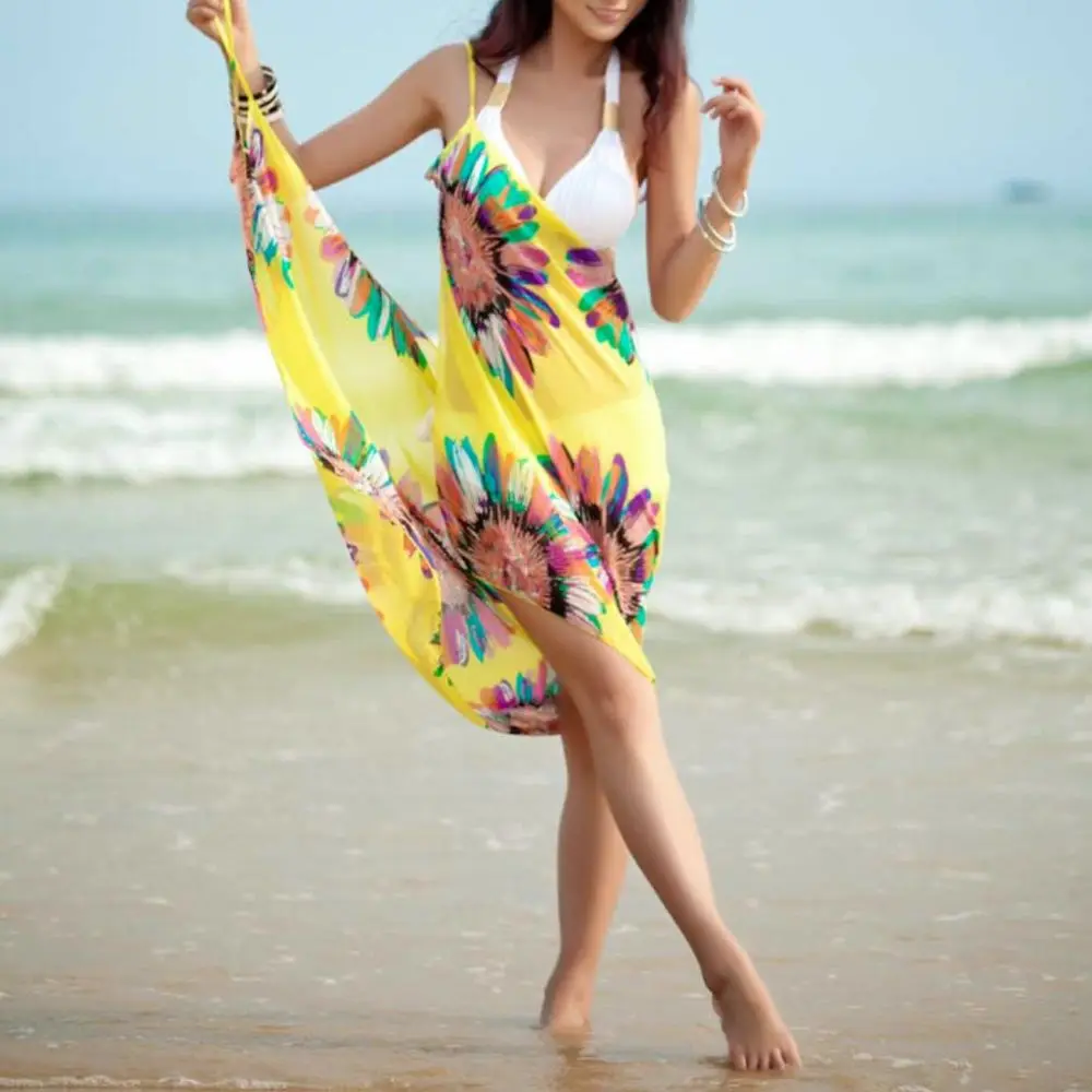 Summer Women Beach Bikini Cover Up Printed Pareo Chiffon Wrap Skirt Sarong Scarf Beachwear Bathing Suit Beach Dress Swimsuits