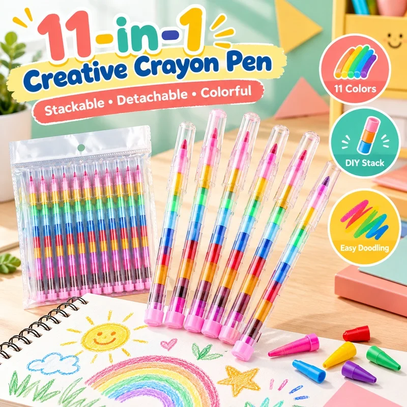11-in-1 Stackable Crayon Pen Set 12PCS Detachable Color Drawing Pens for Kids School Art Doodle Creative Toy
