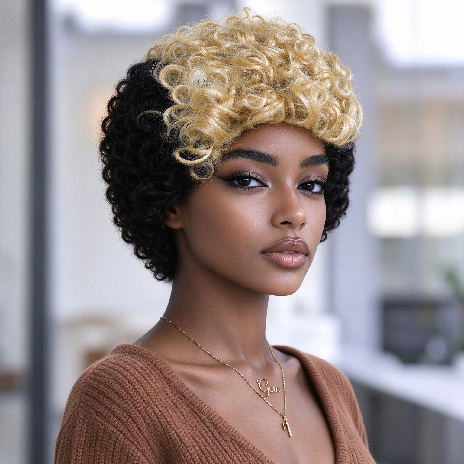 Layered Short Straight Pixie Cut Human Hair Wig for Women with Bangs 1B/27# Blonde Remy Peruvian Machine-Made Full, 150% Density