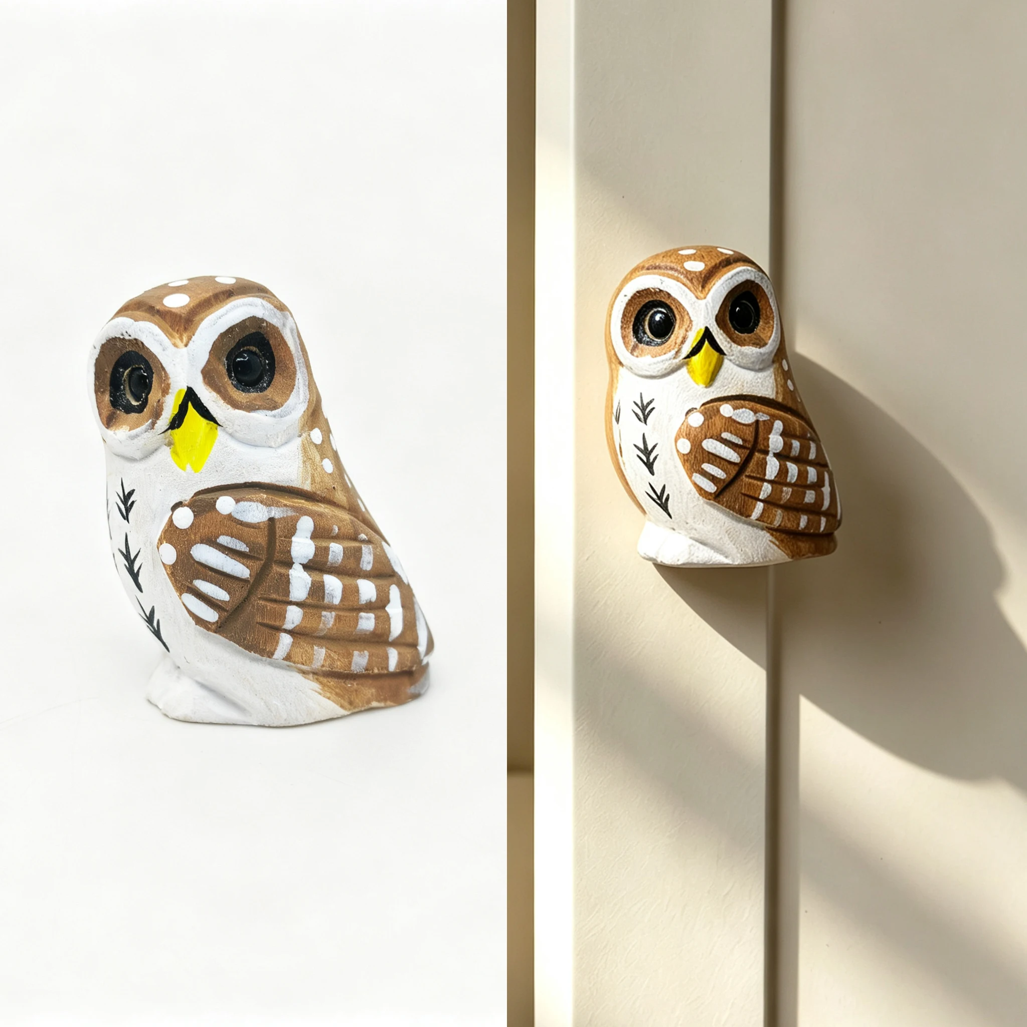 Hand‑Carved Wooden Owl Cabinet Knob Brass Base, Cute Unique Animal Drawer Pull Knobs, Creative Decorative Wardrobe Handles