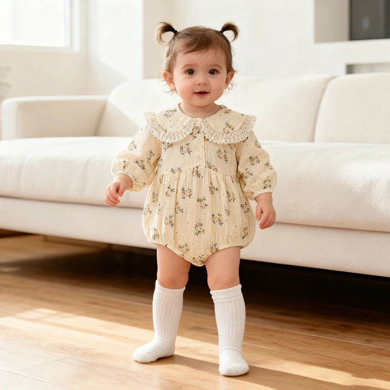 2026 New Spring 0-24M Infant Baby Girls Cotton Bodysuit Long Sleeved Flower Baby Girls Jumpsuit Newborn Lapel Print Jumpsuit