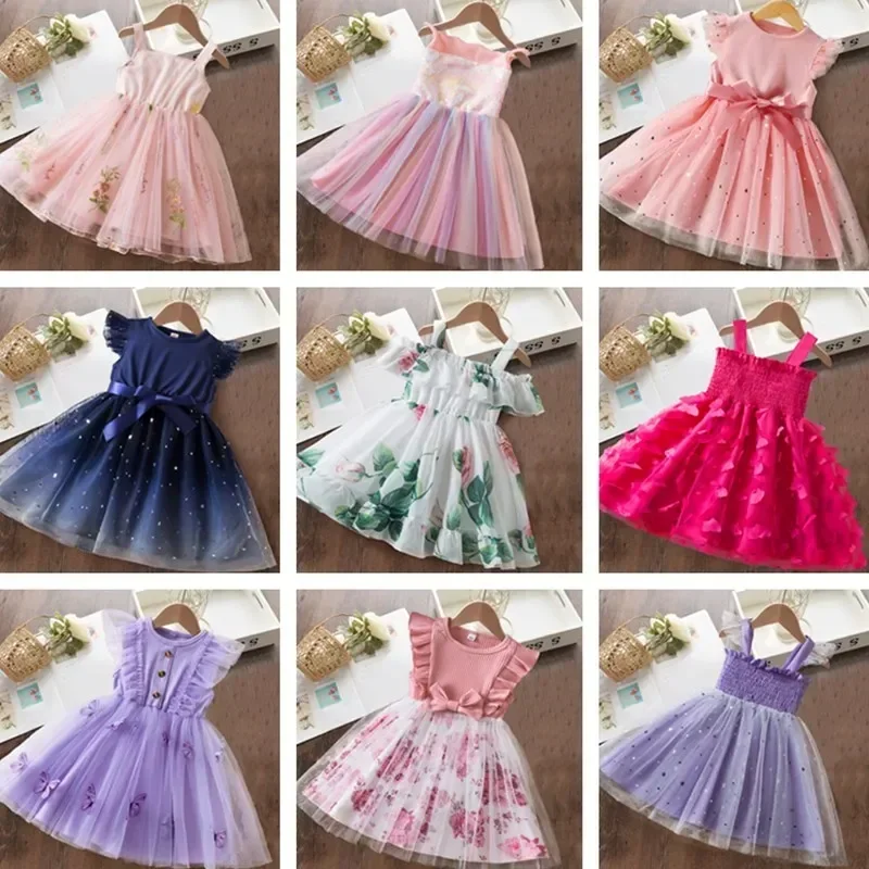 2024 New Summer Dress for Girls Birthday Party Tulle Princess Dress 2-6Y Baby Girls Clothes Children\'s Summer Casual Clothings