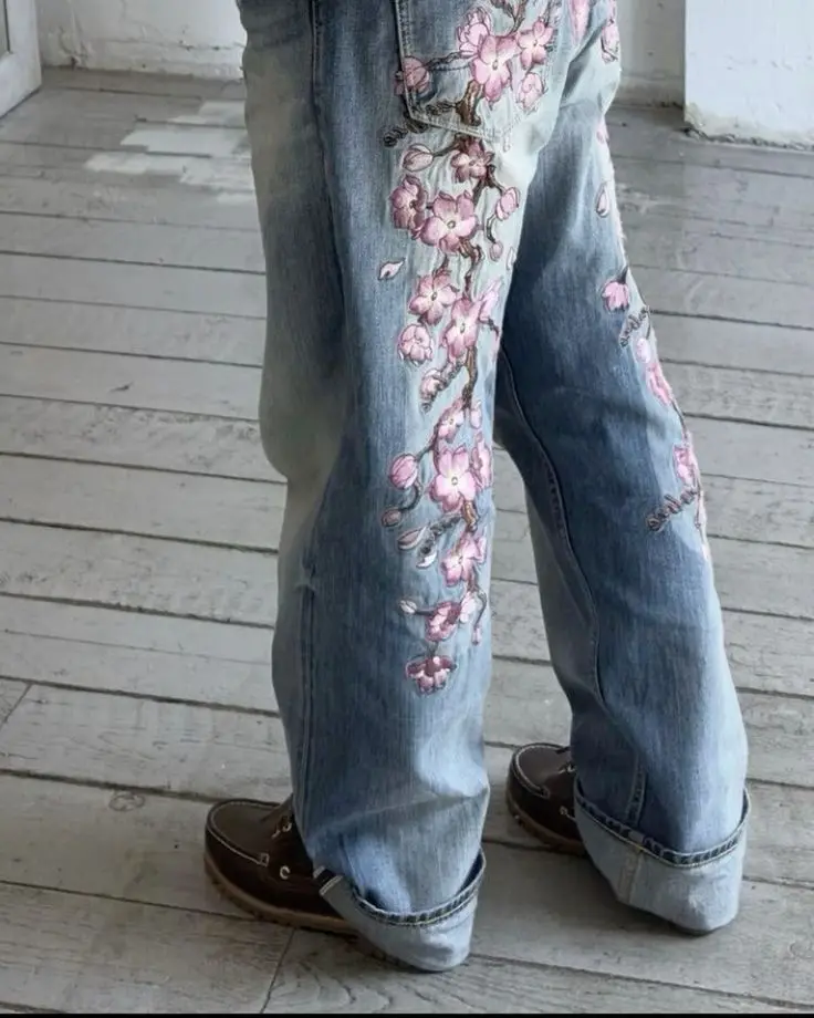 

Vintage Sakura Embroidery Graphic Jeans Women Y2K Harajuku Hip Hop Casual Baggy Pants Wide Trousers American Gothic Streetwear