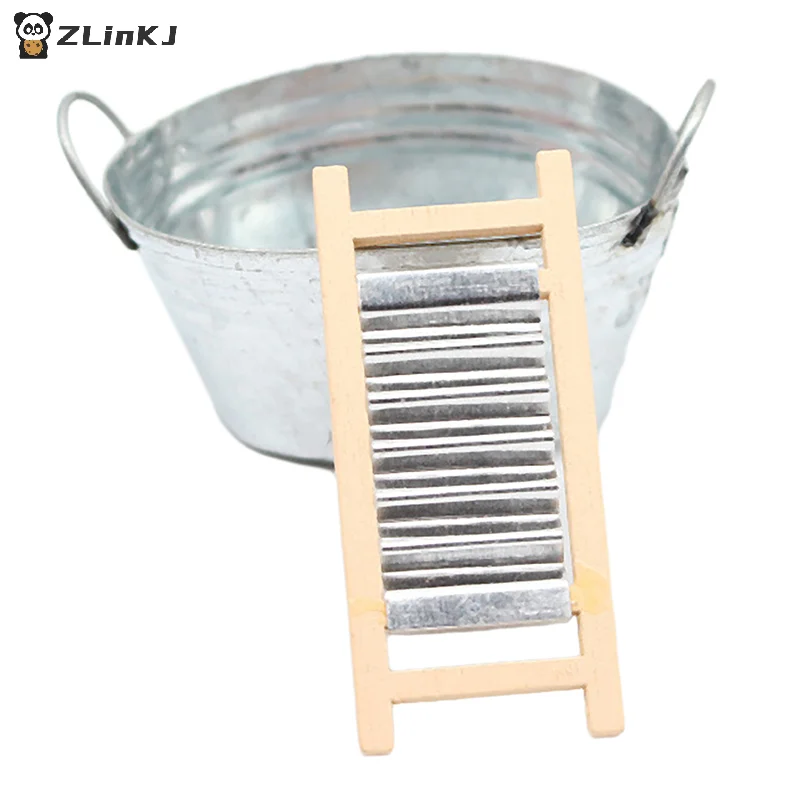 ▶1Set 1:12 Dollhouse Miniature Washboard Iron Bucket Model For Doll House Decor Accessories Kids Pretend Play Toys