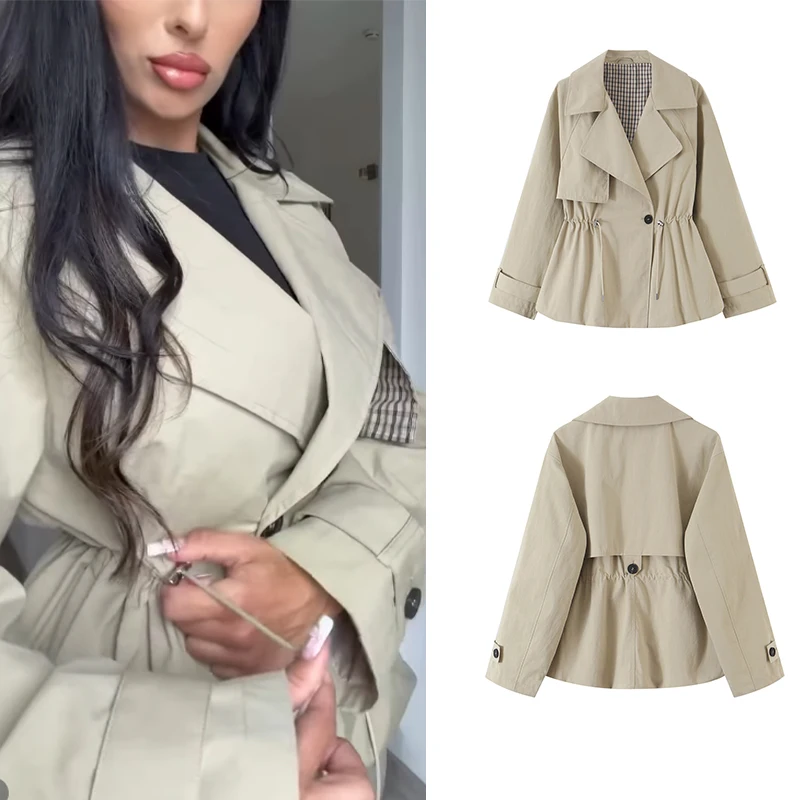 Ladies Cropped Trench Coat Khaki Notched Lapel Drawstring Waist Single Button Design Women Elegant Daily Windbreaker Jacket