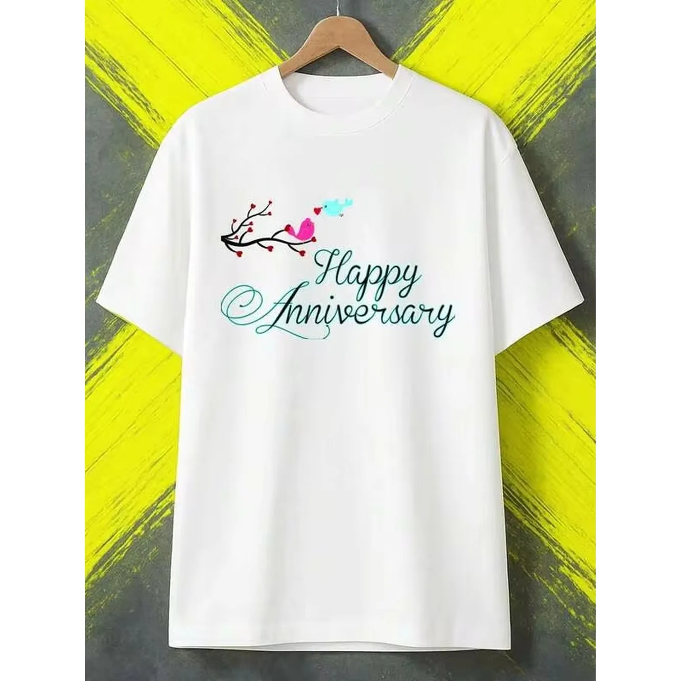 Graphic Print Short Sleeve Crew Neck T-Shirt, Soft & Breathable Fabric, Limited Time Discount, Ideal For Couples & Anniversary Celebrators - Happy Ann