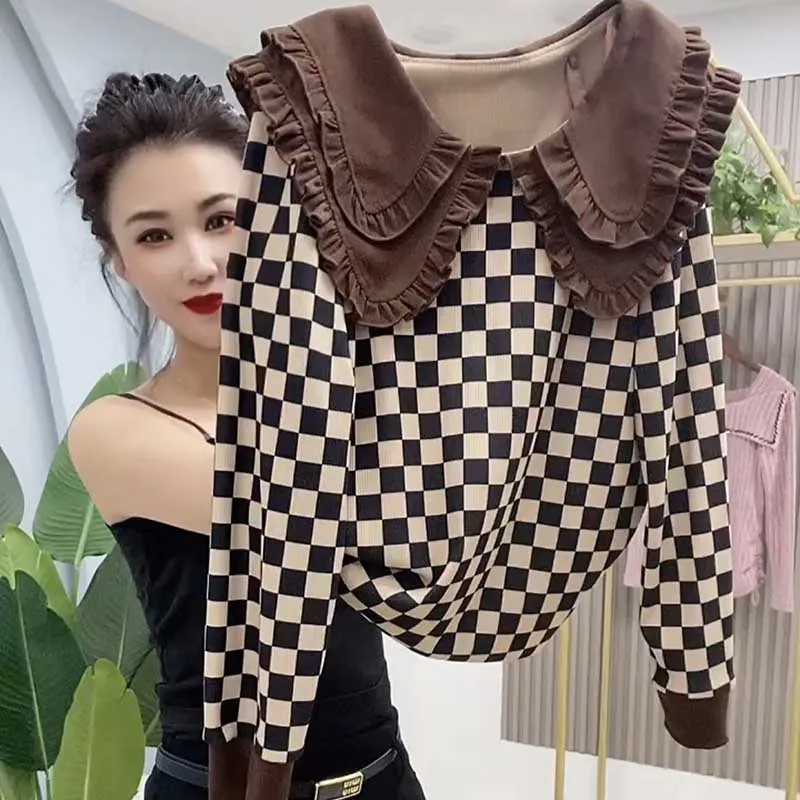 

Sweet Peter Pan Collar Casual Plaid Blouses Female Clothing 2024 Spring New Loose Korean Pullovers Tops All-match Shirts