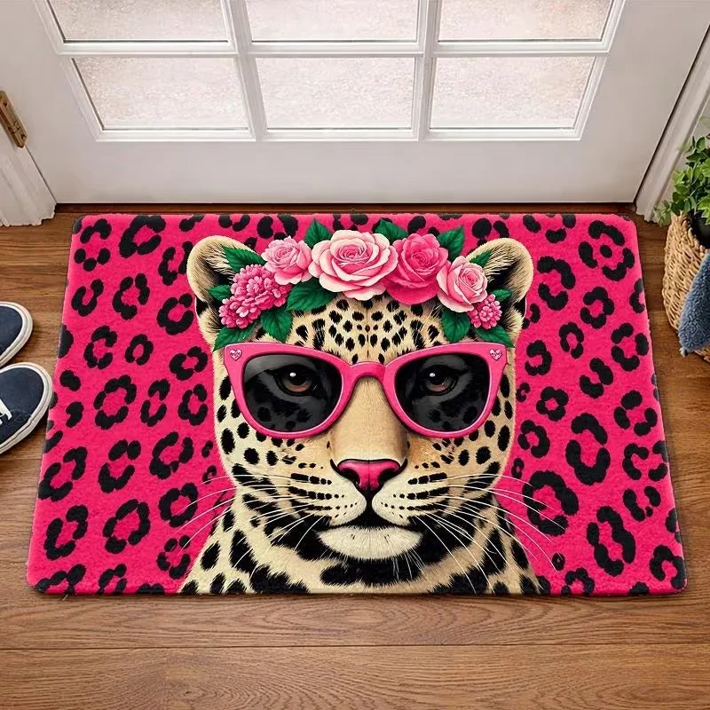 Pink Leopard Print Cool Leopard With Pink Sunglasses Rose Flower Doormat Anti Slip Floor Mat Y2K Trendy Girl Front Entrance Mat