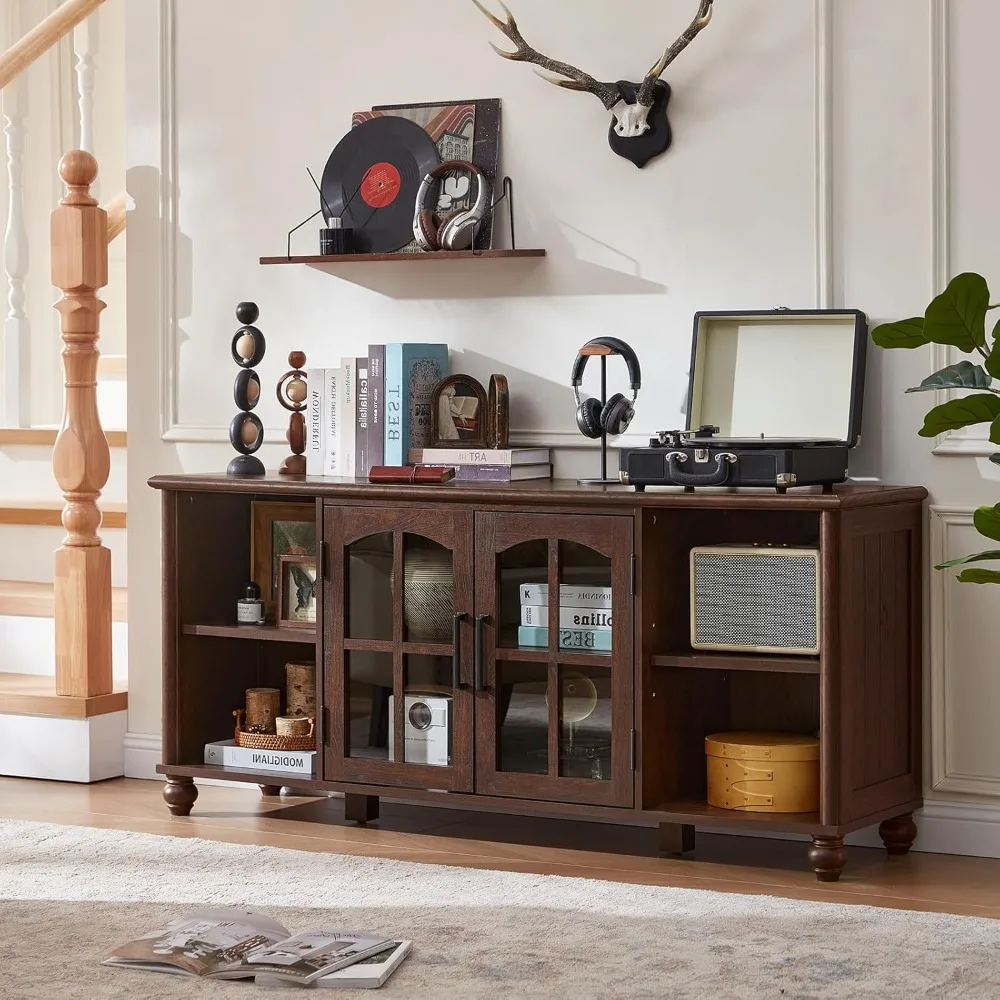 حامل تلفزيون المزرعة لتلفزيون 60 بوصة، مركز ترفيه خشبي مع أرفف قابلة للتعديل وخزانة تخزين بباب زجاجي، ملعب تلفزيون #4