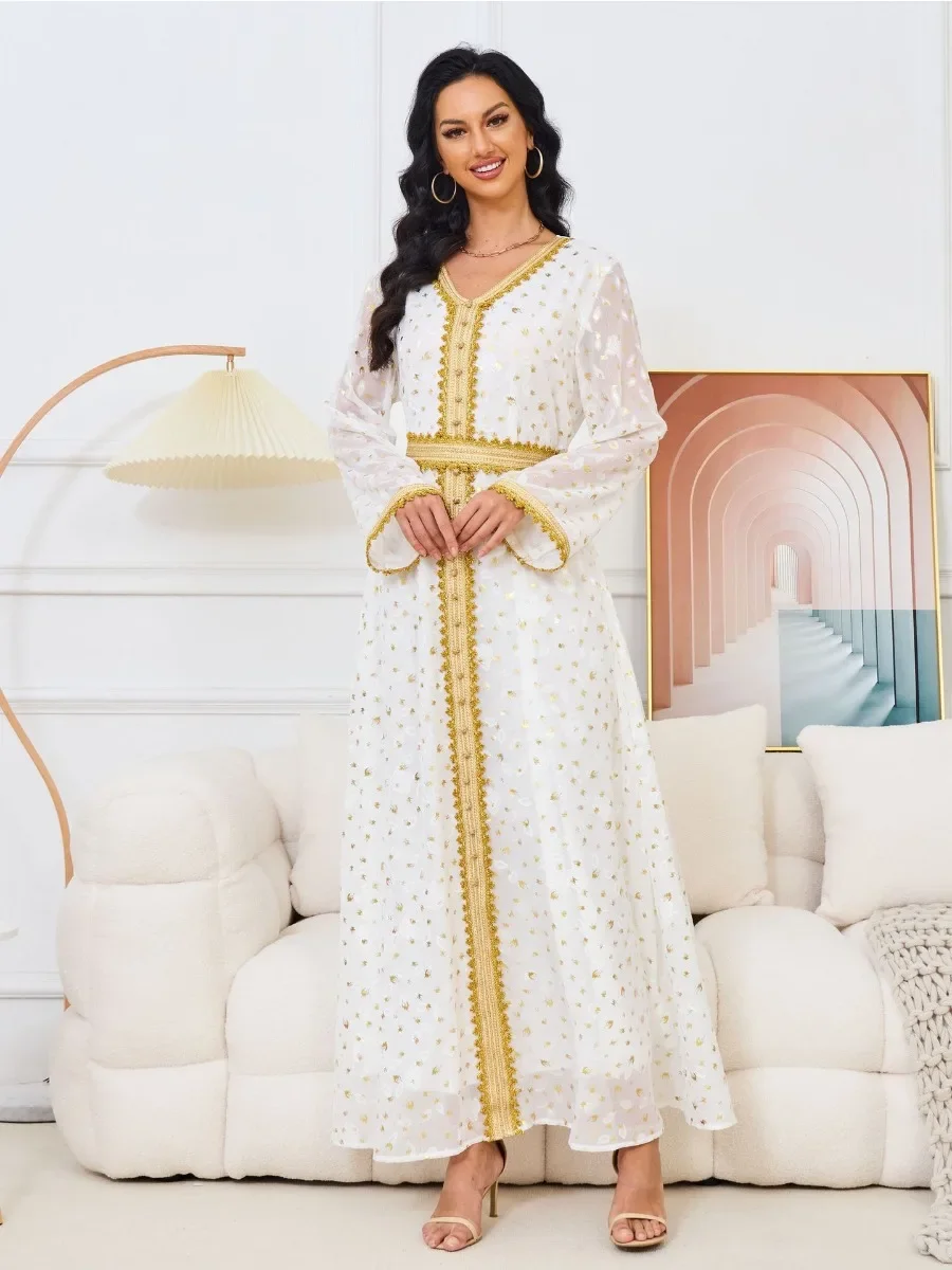 

Eid Arab Muslim Party Dress for Women Abaya Jalabiya Long Dresses Morocco Kaftan Lace-up Estidos Dubai Ramadan Gown Robe 2024