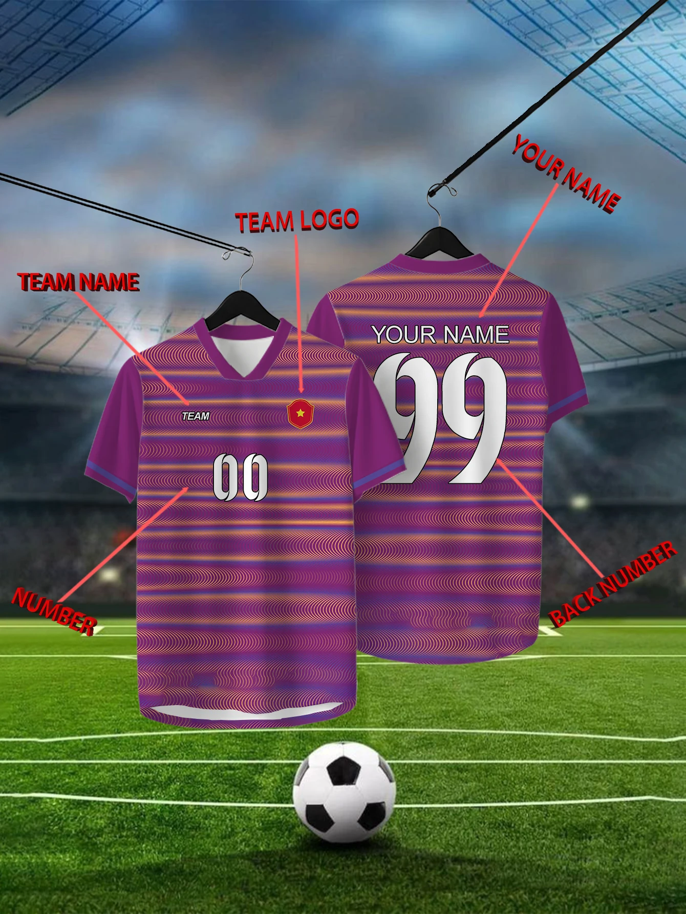 

Customized Geometric Purple Short Sleeved Shirt with Team Name, Emblem, Name and Number, Outdoor Sports Short Sleeved T-shirt