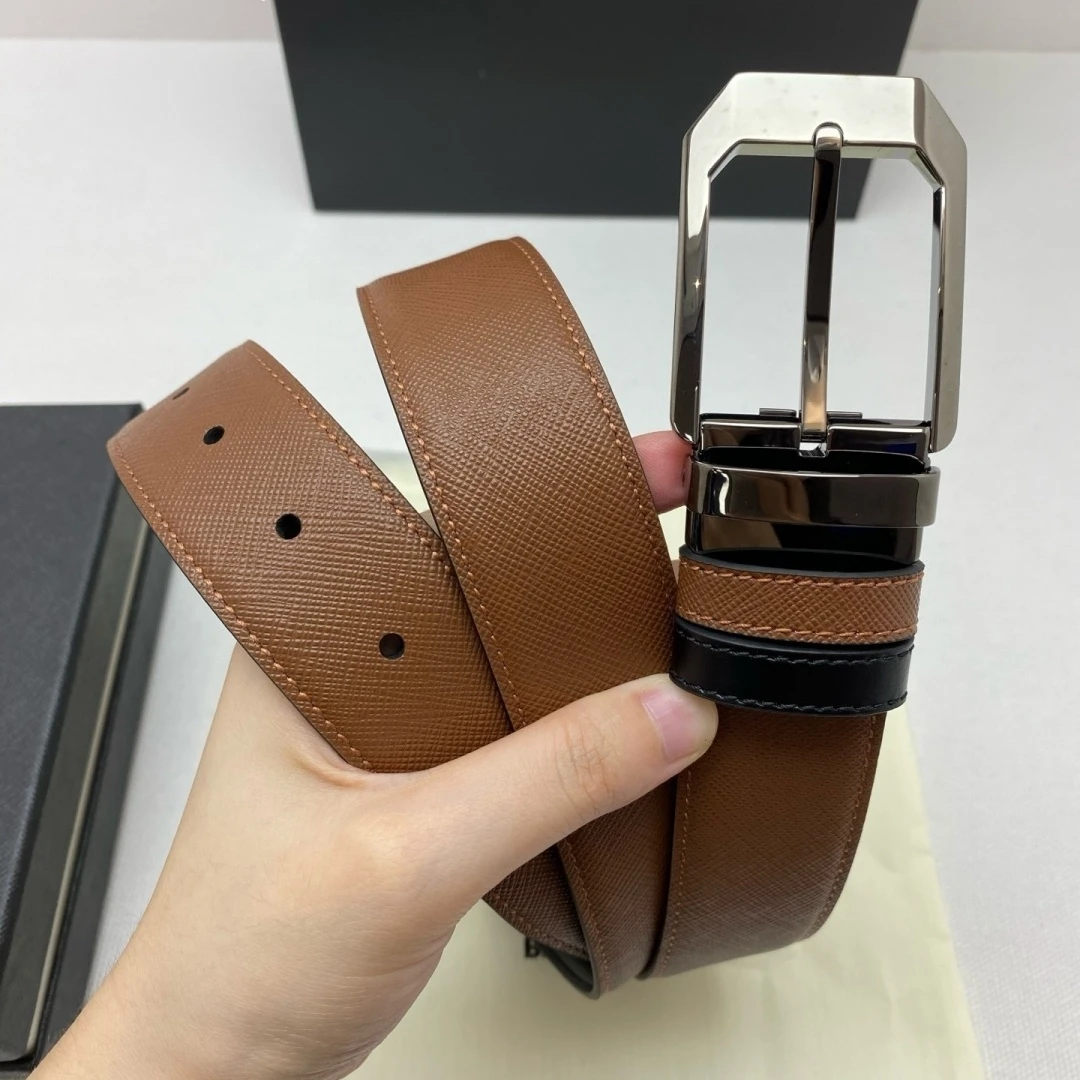 Gift Luxury Brand Men's Reversible Leather Belt Rotatable Square Pin Buckle Cross Grain Business Formal 35mm Casual Waist Strap