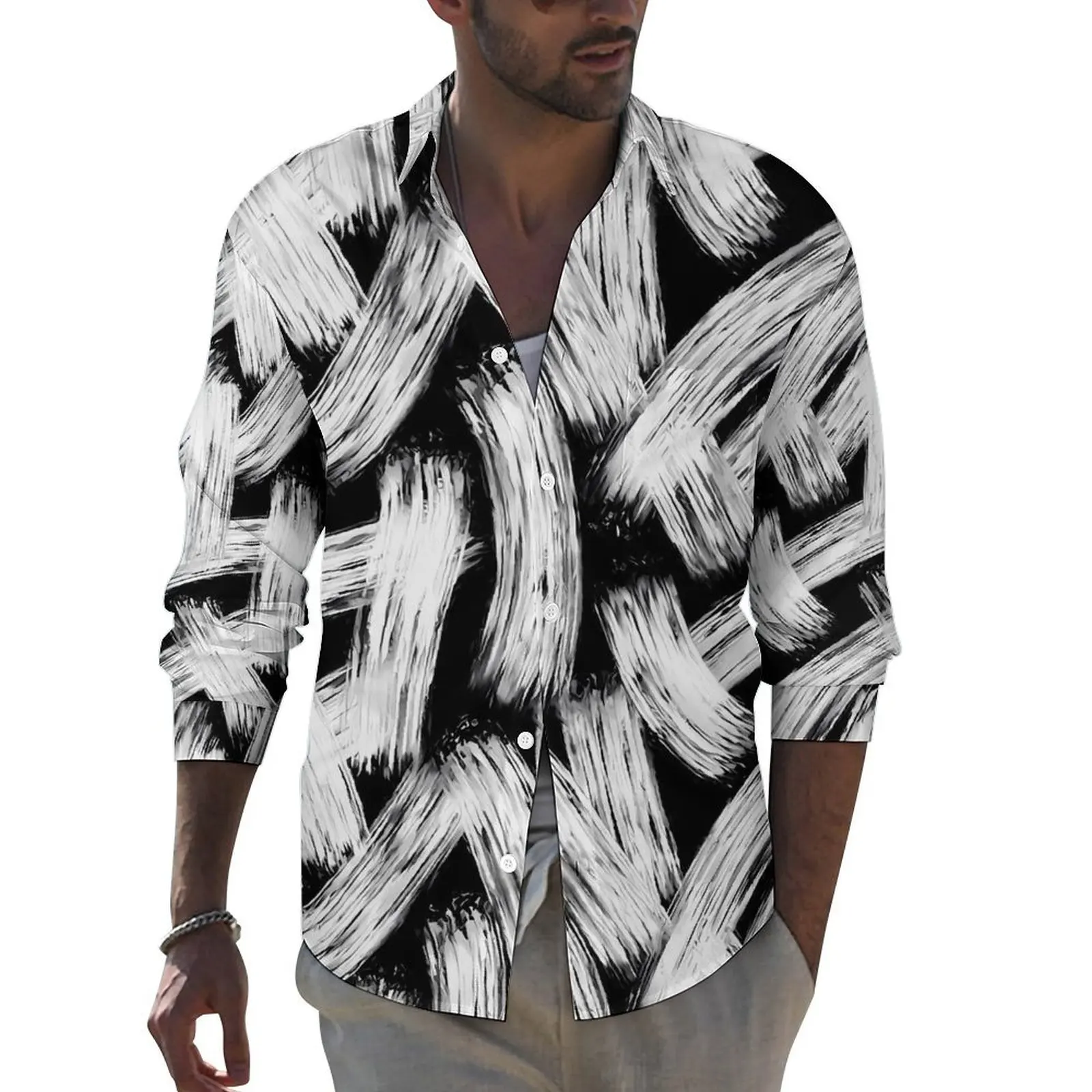 Brush Print Shirt Autumn Paint Stripes Casual Shirts Male Vintage Blouses Long Sleeve Custom Aesthetic Clothing Plus Size