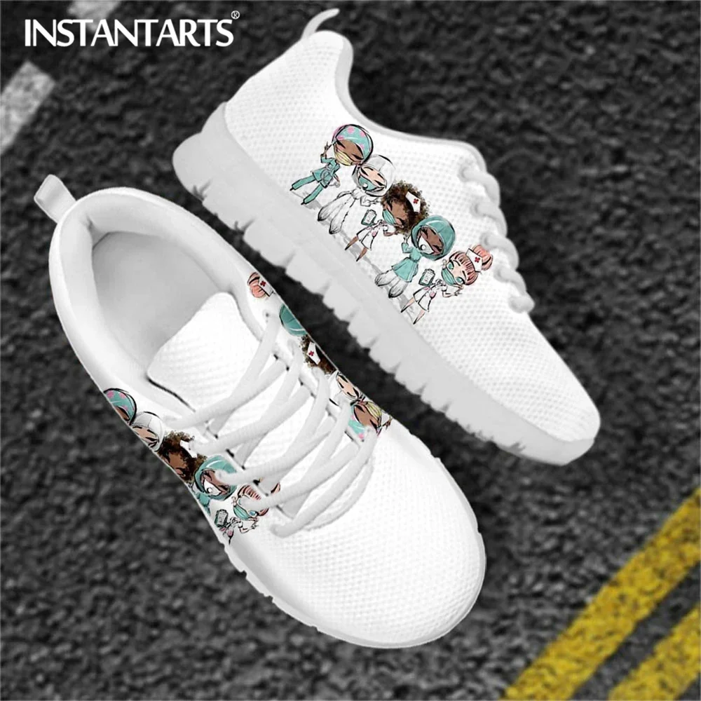 Pretty Cartoon Hospital Nurses And Doctors Pattern Ladies Flat Shoes Breathable Warm Soft Sneaker Lace Up Footwear