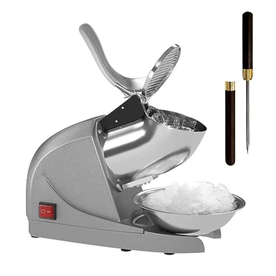 

Home use ice shaver machine with 3 stainless steel blades, silver finish, splash-proof design, 380W power, 286 lbs/hr crushing