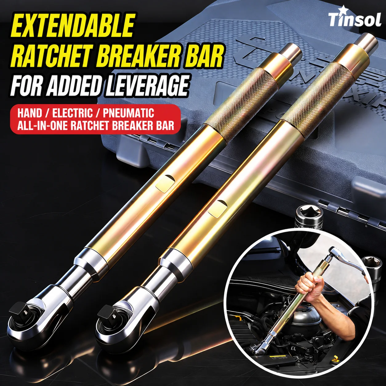 TINSOL Extended Ratchet Wrench, 1/2-Inch Drive, 72 Teeth, High-Torque Impact Extension Wrench, Car and Motorcycle Repair Tool