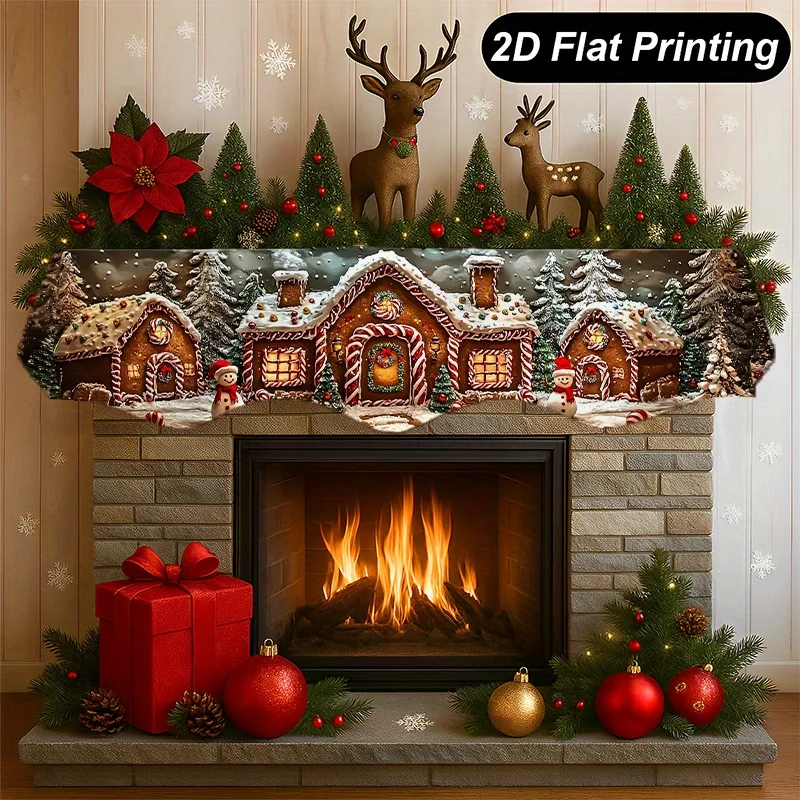 Christmas Fireplace Mantel Scarf Gingerbread House Snow Scene Mantel Topper Xmas Fireplace Shelf Cover Farmhouse Home Decor