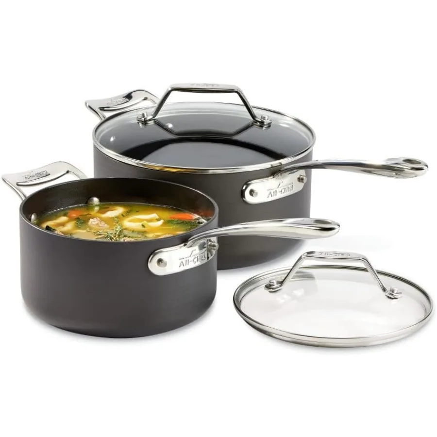

Essentials Hard Anodized Nonstick Sauce Pan Set 4 Piece 2.5 4 Quart Oven Broiler Safe 500F Pots and Pans Cookware Black