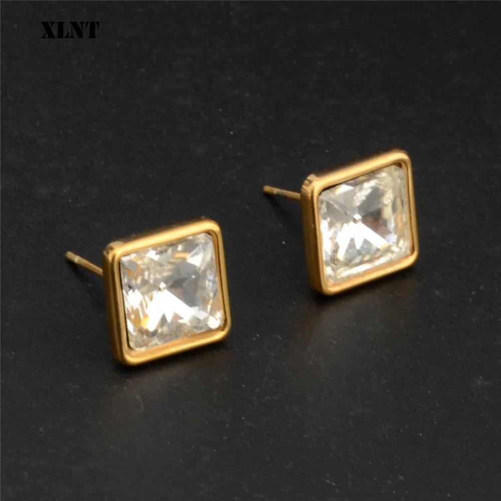 XLNT anting-anting kancing kotak Austria Cubic Zirconia untuk wanita perhiasan wanita modis baja antikarat