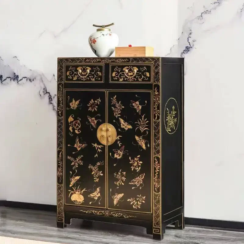 Painted shoe cabinet foyer decoration solid wood hand-painted butterfly entry cabinet Ming and Qing classical