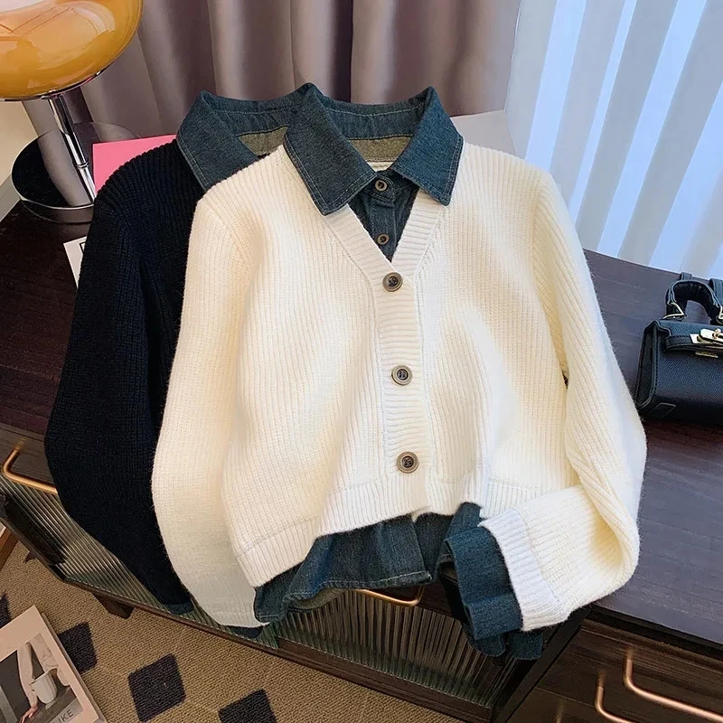 2025 Autumn Winter New Retro Fake Two-Piece knitted Cardigan Sweater Women's Fashion Spliced Denim Short Coat Female Casual Tops