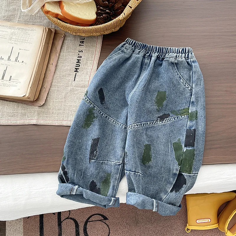 Children's Patchwork Graffiti Jeans Boys Loose Fit Denim Harem Pants Paint Splattered Carrot Trousers Casual Kids Baby Trousers