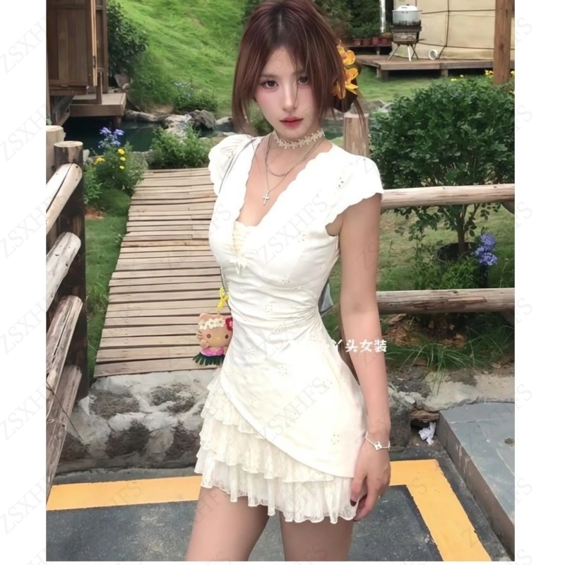 Vestido sexy suave subcultura 2000s verão coreia harajuku estética femme roupas femininas cintura fina renda vestido em camadas