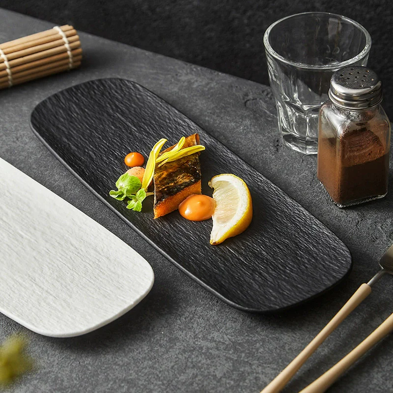 Stone Patterned Frosted Ceramic Long Strip Plate Creative Sushi Dish Dim Sum Dish Sashimi Dish Hotel Molecular Cuisine Tableware