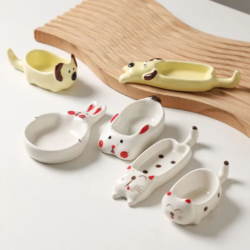 6pcs Set Cartoon Puppy Sauce Dish Household Ceramic Crafts Chopstick Holder Snacks Small Plates Seasoning Dishes Decorative