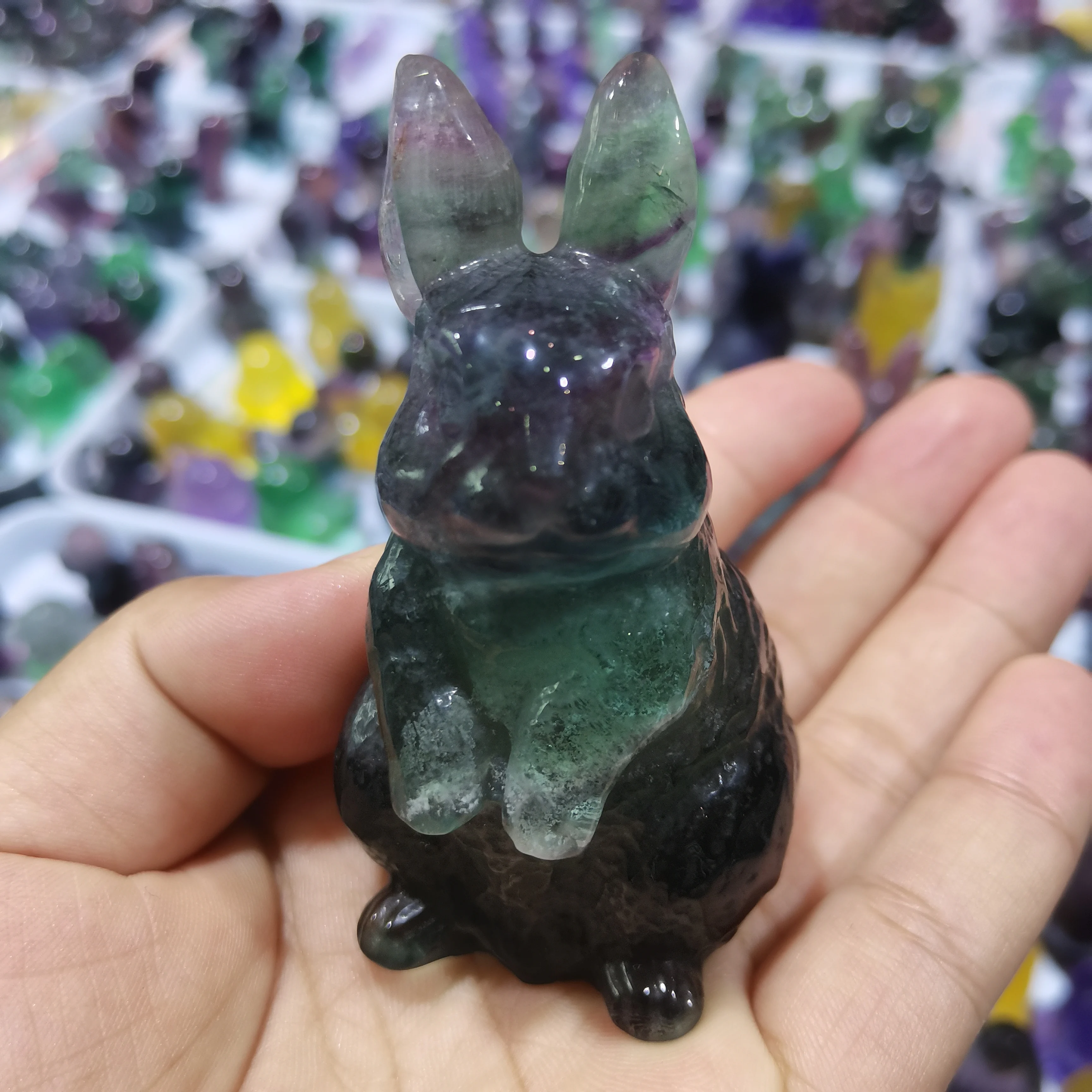 8CM Natural Fluorite Quartz Hand Carved Cute Rabbite Crystal Animal Carving Healing Reiki Gift Home Decoration